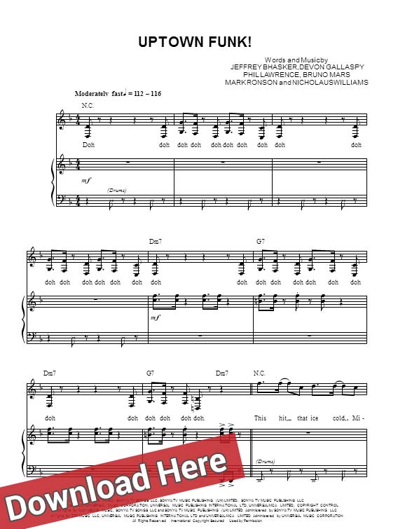Mark Ronson, Bruno Mars, Uptown Funk, sheet music, piano notes, score, chords, download