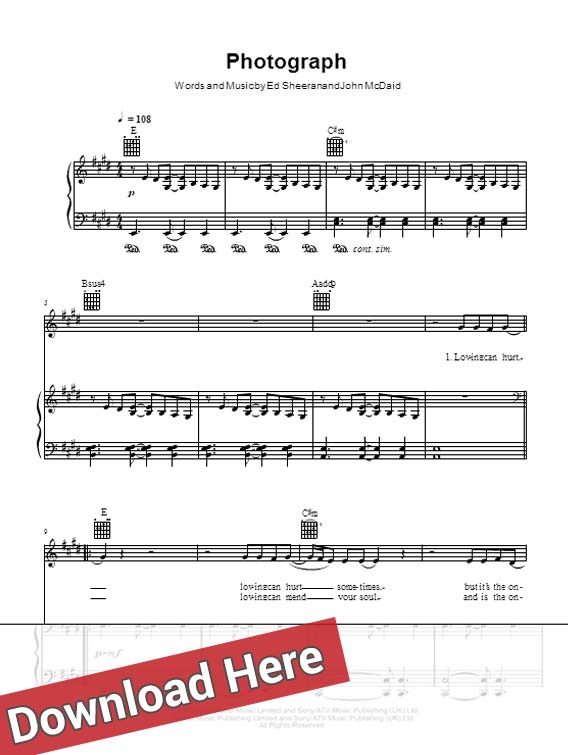 ed sheeran, photograph, sheet music, piano notes, score, chords, download, guitar, tabs