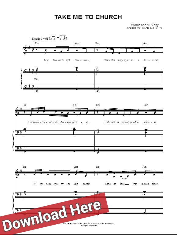 hozier, take me to church, sheet music, piano notes, score, chords, download, guitar, tabs