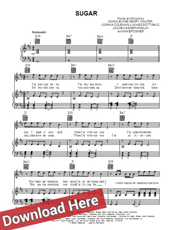 maroon 5, sugar, sheet music, piano notes, score, chords, partition