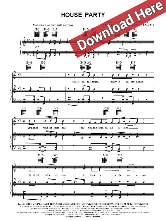 sam hunt, house party, sheet music, piano notes, score, chords, download, noten, partition, guitar tabs