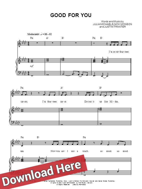 selena gomez, good for you, sheet music, piano notes, chords, score, partition, download