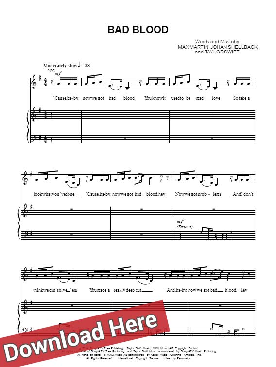 taylor swift, bad blood, sheet music, piano notes, score, chords, download, learn
