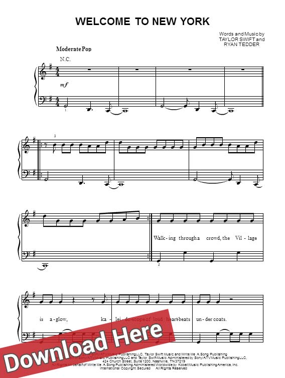 taylor swift, welcome to new york, sheet music, piano notes, score, chords, download, guitar, tabs