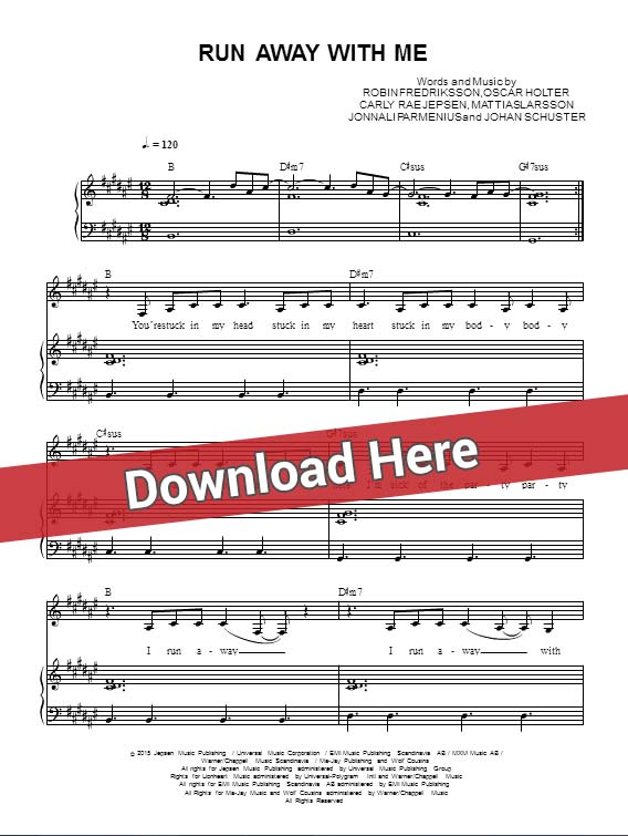 carly rae jepsen, run away with me, sheet music, piano notes, score, chords, download, how to play, tabs