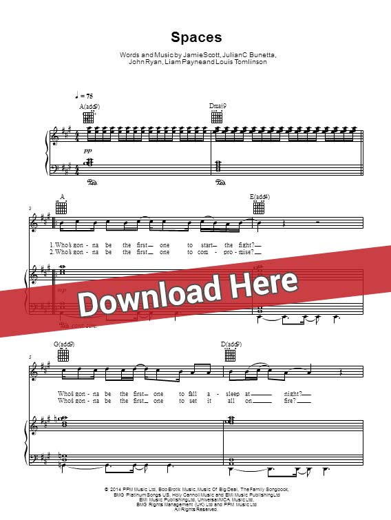 one direction, spaces, sheet music, piano notes, score, chords, free, download, instrument