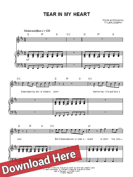 twenty one pilots, tear in my heart, sheet music, piano notes, score, chords, download, how to