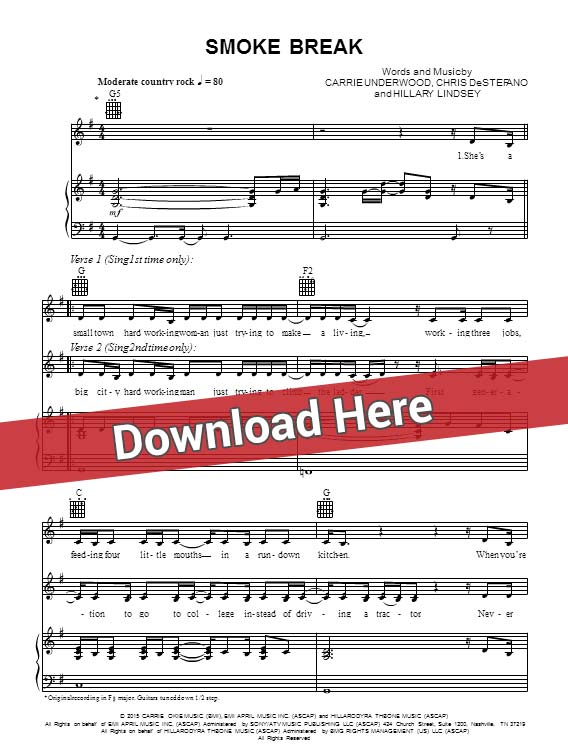 carrie underwood, smoke break, sheet music, piano notes, score, chords, download, klavier, noten, partition, guitar, tabs, album