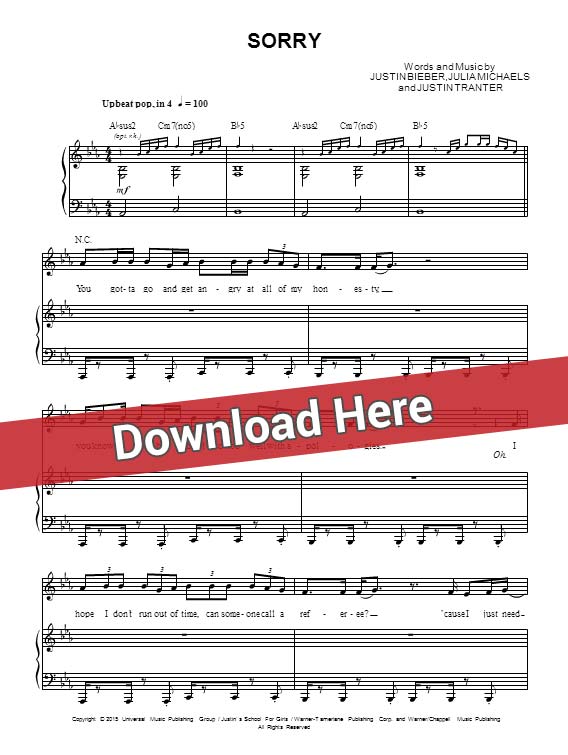 justin bieber, sorry, sheet music, piano notes, score, chords, download, klavier, noten, partition, guitar, tabs, compose