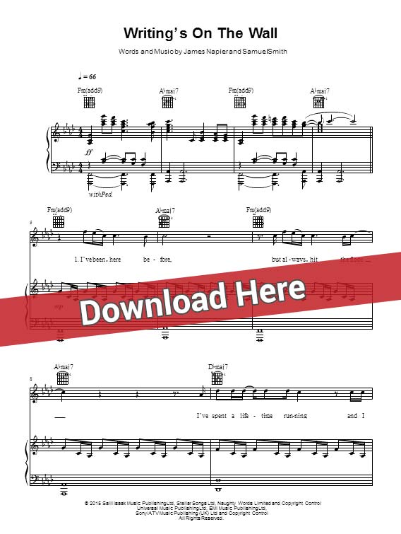sam smith, writings on the wall, sheet music, piano notes, score, chords, download, klavier, noten, partition, guitar, tabs, violin