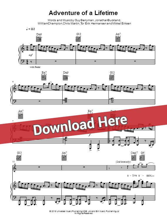 coldplay, adventure of a lifetime, sheet music, piano notes, score, chords, download, keyboard, guitar, tabs, klaviernoten, partition