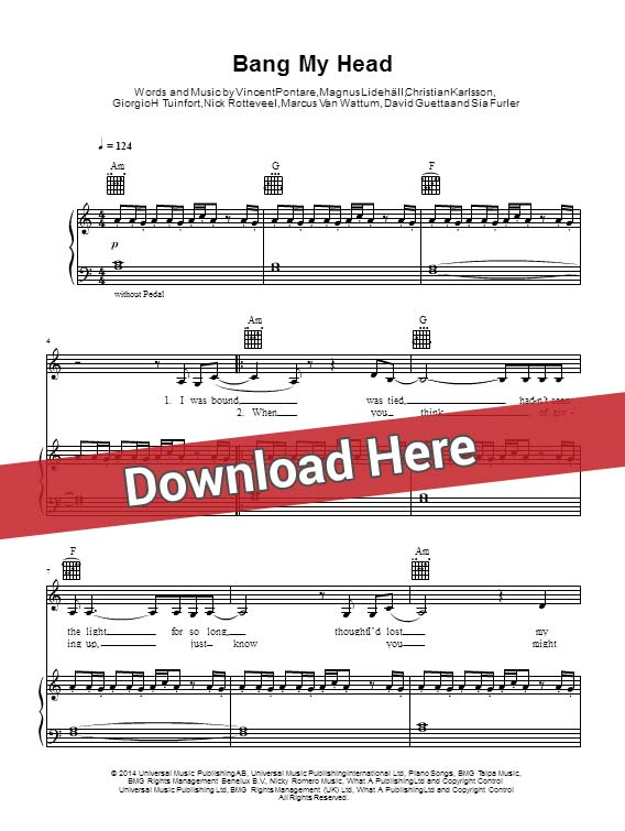 david guetta, bang my head, sheet music, sia, fetty wep, sheet music, piano notes, score, chords, download, keyboard, klavier, guitar, tabs, noten, partition