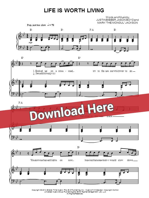 justin bieber, life is worth living, sheet music, piano notes, score, chords, download, klavier, noten, keyboard, guitar, tabs, bass