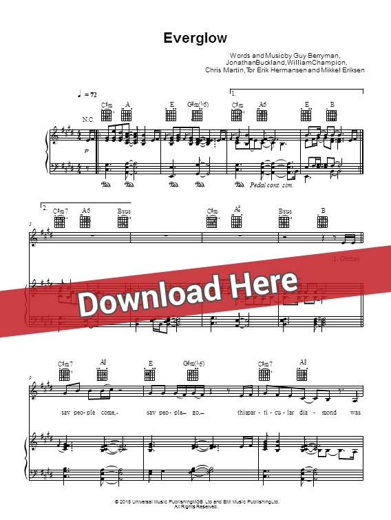 coldplay, everglow, sheet music, piano notes, score, chords, download, keyboard, guitar, tabs