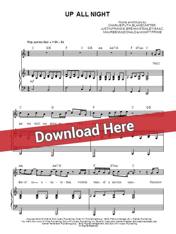 charlie puth, up all night, sheet music, chords, download, piano notes, score, tutorial, lesson, keyboard, guitar, tabs, bass