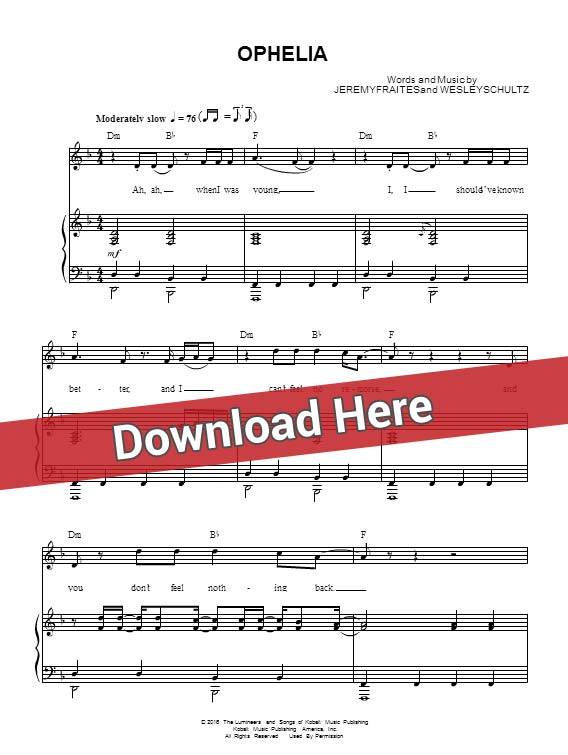 the lumineers, ophelia, sheet music, chords, piano notes, score, tutorial, lesson, keyboard, guitar, tabs, bass, klavier noten, how to