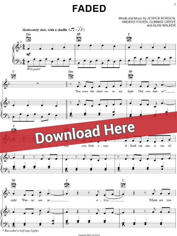 alan walker, faded, sheet music, chords, piano notes, score, download, print, how to play, learn, tutorial, lesson, cover, keyboard, guitar, tabs