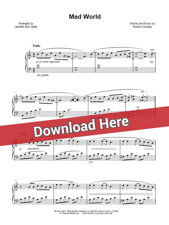 jennifer ann, mad world, sheet music, chords, piano notes, score, download, print, keyboard, guitar, tutorial, lesson, cover, klavier noten, partition
