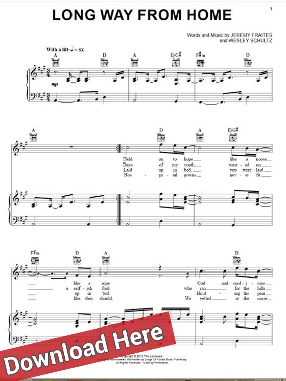 the lumineers, long way from home, sheet music, chords, piano notes, keyboard, guitar, download, pdf, klavier noten, cello, tutorial, lesson