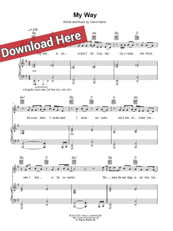 calvin harris, my way, sheet music, chords, piano notes, score, keyboard, guitar, tutorial, lesson, download, pdf