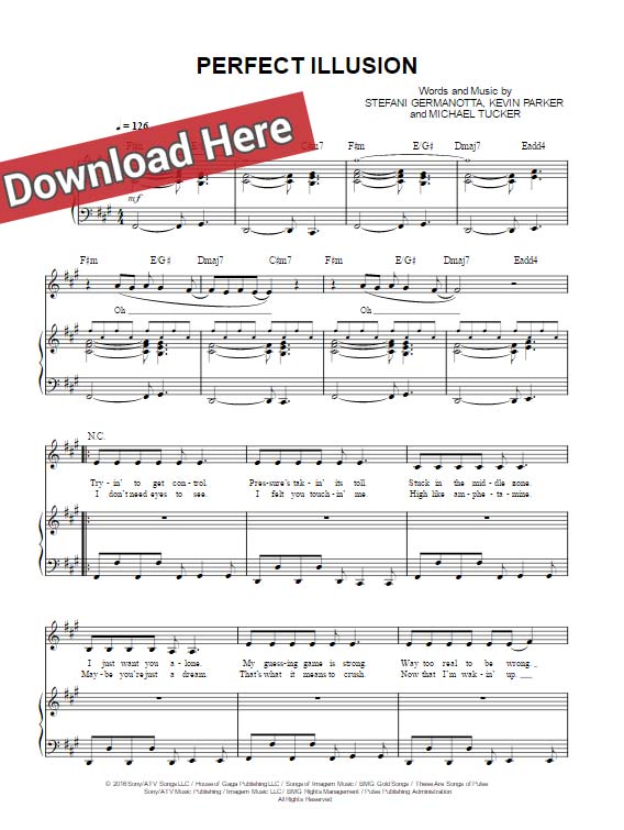 lady gaga, perfect illusion, sheet music, piano notes, chords, download, keyboard, pdf, klavier noten, guitar, voice, vocals