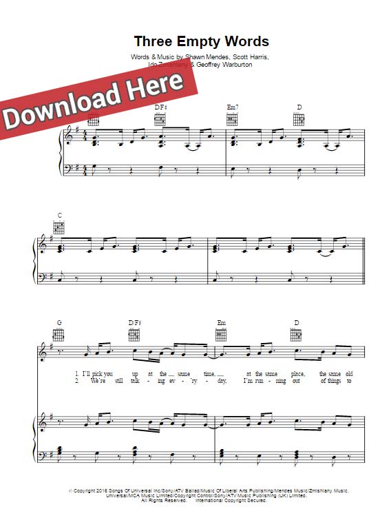 shawn mendes, three empty words, sheet music, piano notes, chords, download, pdf, klavier noten, keyboard, guitar, cello