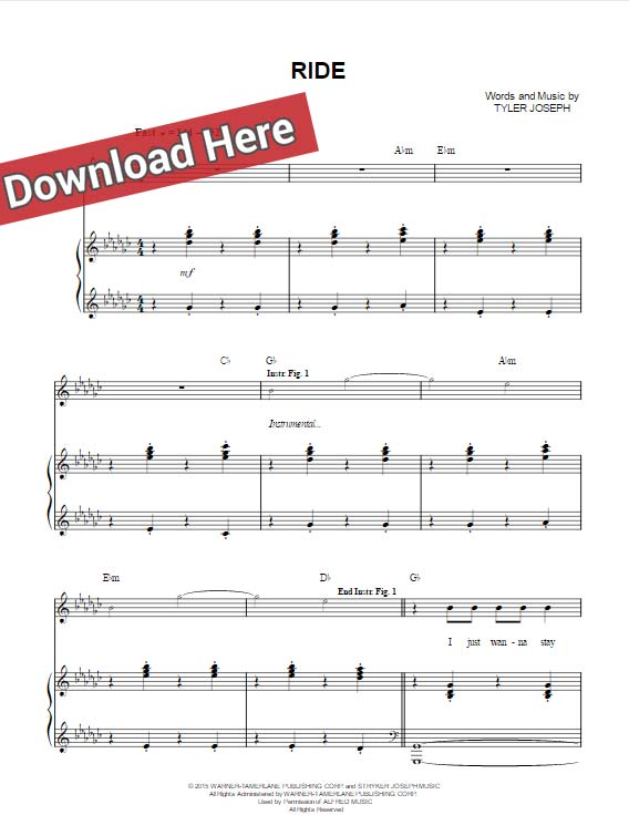 twenty one pilots, ride, sheet music, chords, piano notes, klavier noten, keyboard, guitar, tabs, download, pdf