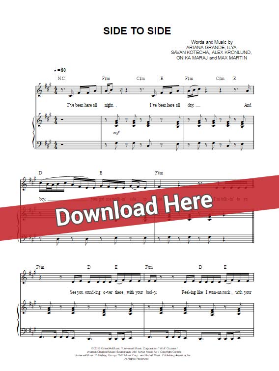 ariana grande, side to side, sheet music, piano notes, chords, keyboard, guitar, tutorial, lesson, download, pdf