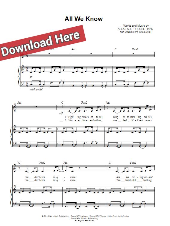 the chainsmokers, all we know, sheet music, piano notes, chords, phoebe ryan, klavier noten, tutorial, lesson, keyboard, guitar, tabs