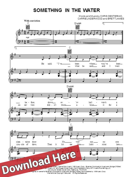 carrie underwood, something in the water, sheet music, piano notes, score, chords, download, guitar