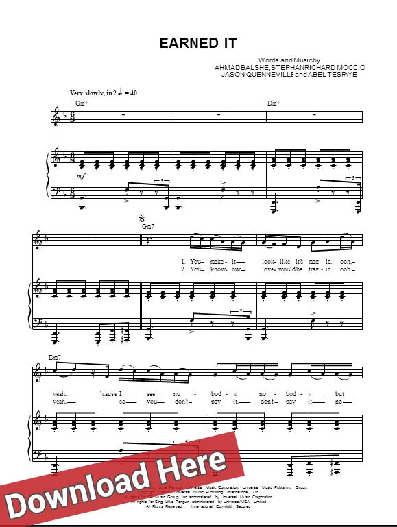 the weeknd, earned it, sheet music, piano notes, score, chords, download