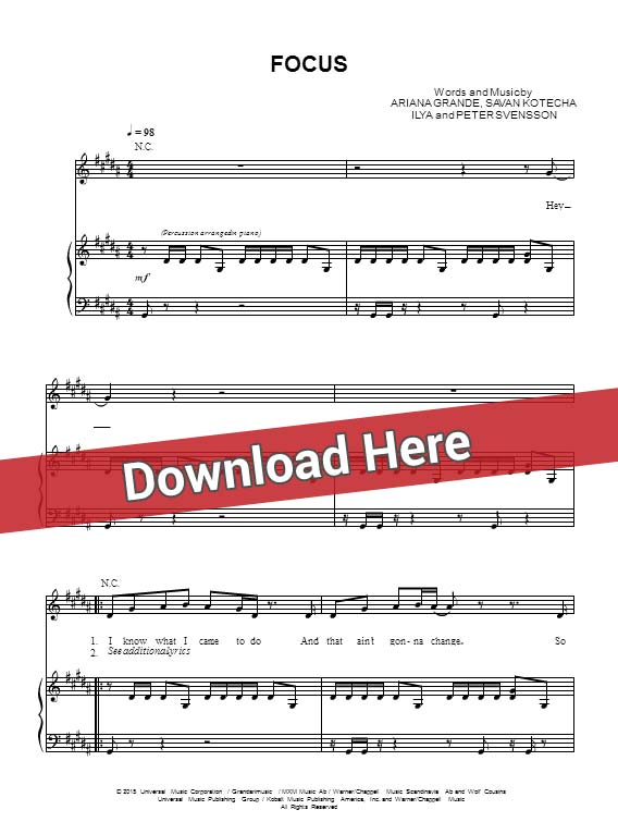 ariana grande, focus, sheet music, piano notes, score, chords, download, klaviernoten, partition, keyboard, guitar, tabs