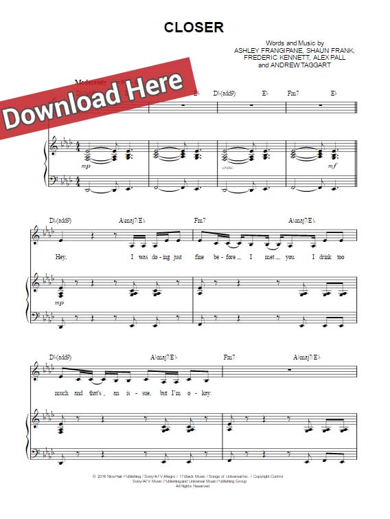 the chainsmokers, kalsey, closer, sheet music, chords, piano notes, klavier noten, akkorden, how to play, download, keyboard, guitar
