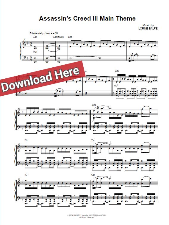 assassins creed 3, main theme, sheet music, piano notes, chords, keyboard, tutorial, lesson, voice, download, print, pdf, free