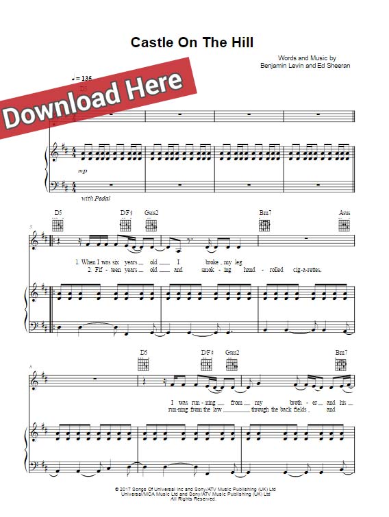 ed sheeran, castle on the hill, sheet music, chords, piano notes, score, download, keyboard, voice, vocals
