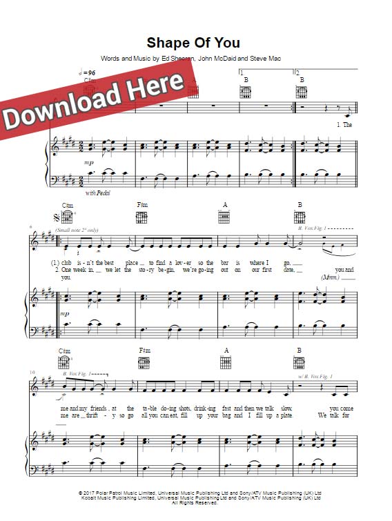 ed sheeran, shape of you, sheet music, piano notes, chords, keyboard, voice, vocals, klavier noten, download