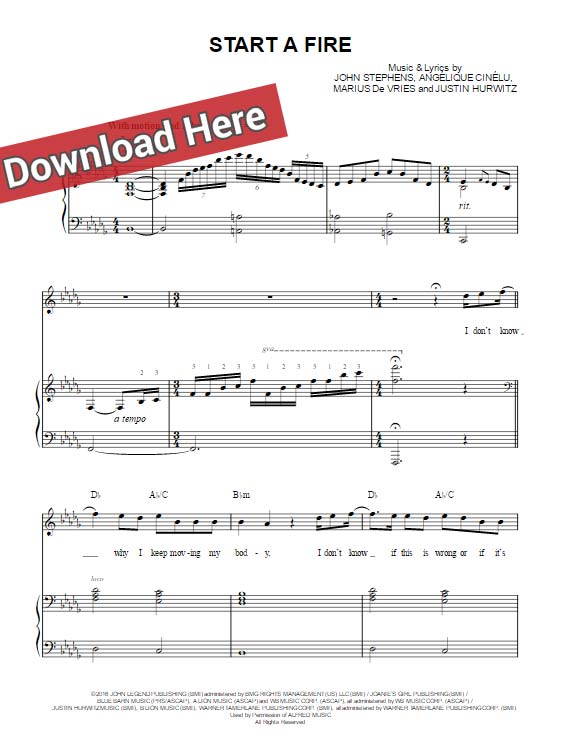 john legend, start a fire, sheet music, la la land, piano notes, chords, voice, vocals, klavier noten