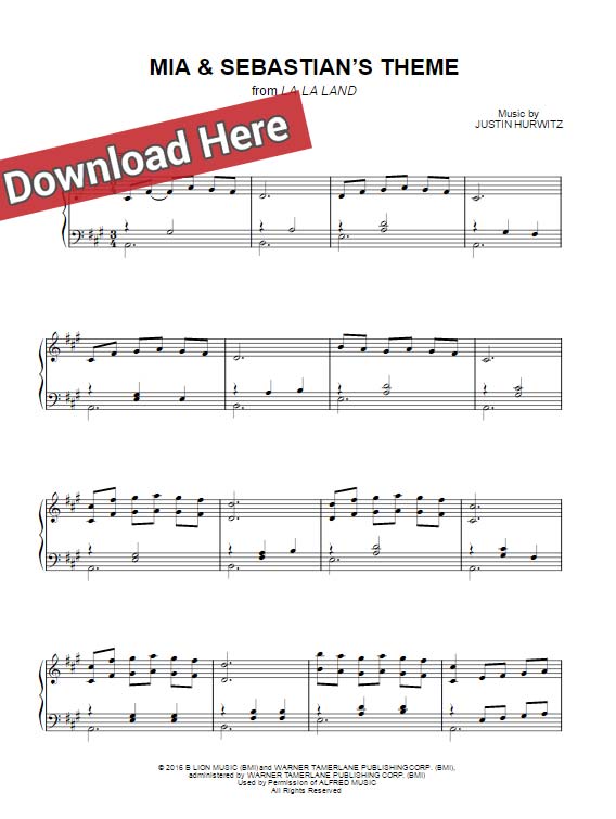 la la land, sheet music, piano notes, chords, mia sebastians theme, klavier noten, guitar, voice, vocals, musical