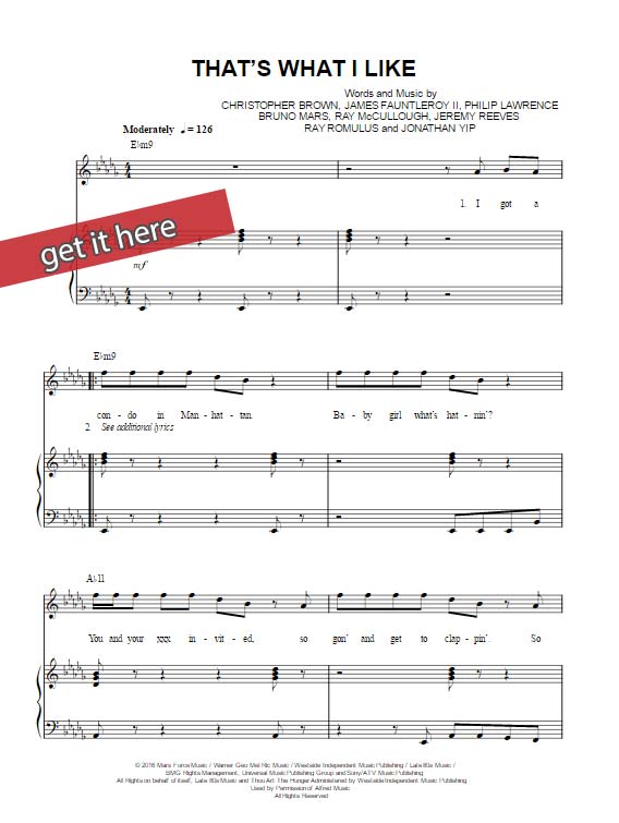 bruno mars, that's what i like, sheet music, piano notes, chords, klaiver noten, keyboard, guitar, voice, vocals, download, pdf