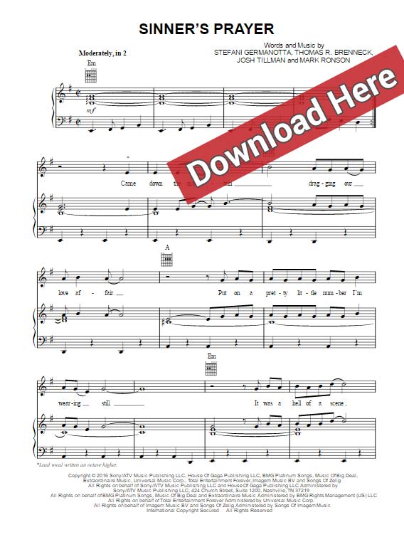 lady gaga, sinner's prayer, sheet music, chords, piano notes, score, keyboard, klavier noten, download, pdf, voice, vocals