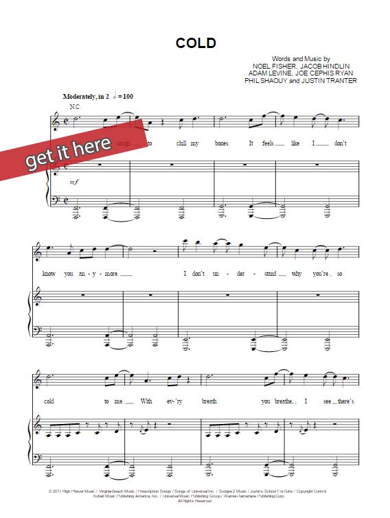 maroon 5, cold, sheet music, future, chords, piano notes, klavier noten, keyboard, guitar, voice, vocals, download, pdf