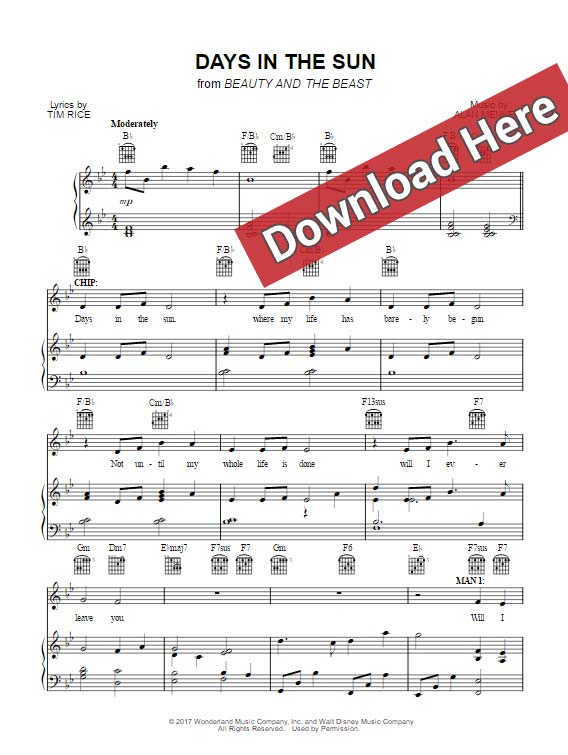 beauty and the beast, days in the sun, sheet music, piano notes, chords, keyboard, download, klavier noten, voice, vocals