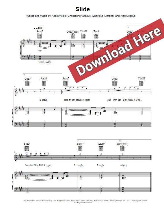 calvin harris, slide, sheet music, piano notes, chords, download, pdf, frank ocean, migos