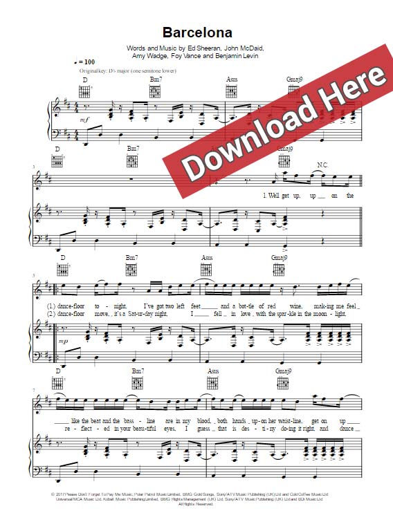 ed sheeran, barcelona, sheet music, piano notes, chords, download, keyboard, klaiver noten, pdf, guitar