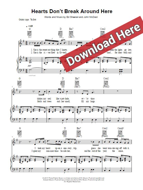 ed sheeran, hearts don't break around here, sheet music, piano notes, chords, download, klavier noten, guitar, download, pdf
