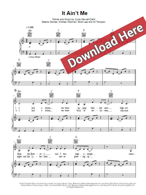 kygo, selena gomez, it ain't me, sheet music, chords, piano notes, klaiver noten, download, pdf, tutorial