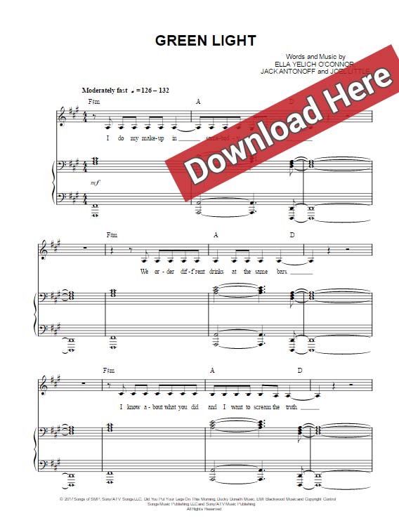 lorde, green light, sheet music, piano notes, chords, download, klavier noten, keyboard, pdf, voice, vocals