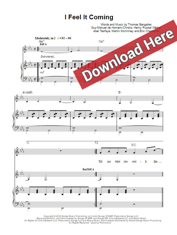 the weeknd, i feel it coming, sheet music, piano notes, chords, download, klaiver noten, keyboard, guitar, voice, vocals