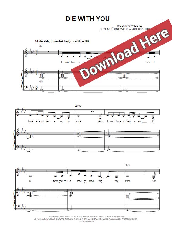 beyonce, die with you, sheet music, piano notes, chords, download, klavier noten, keyboard, guitar, vocals