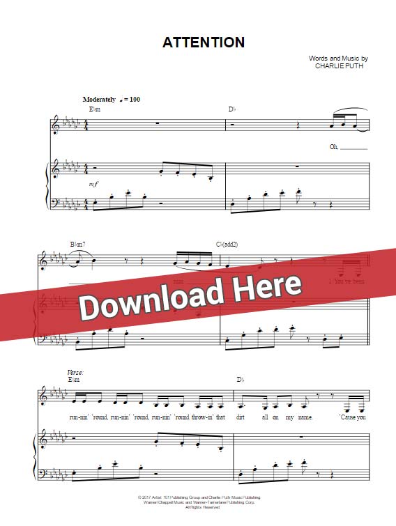 charlie puth, attention, sheet music, piano notes, chords, download, keyboard, klavier noten